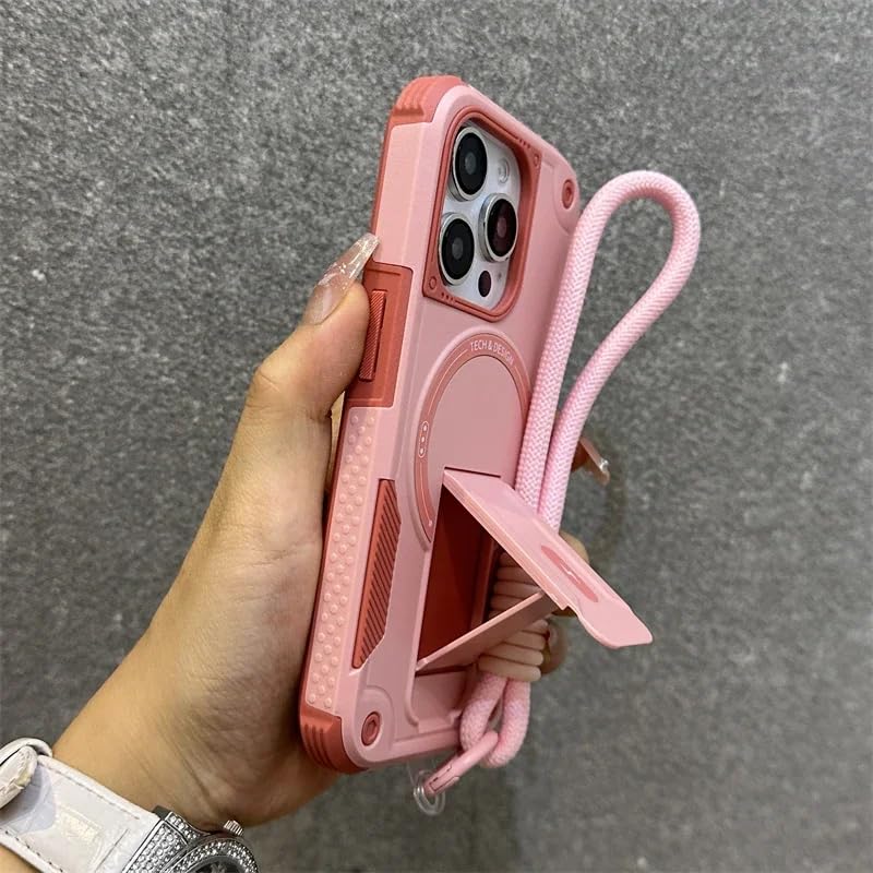 Coque iPhone 16 Pro rose rigide avec charge magnétique sans fil et support intégré