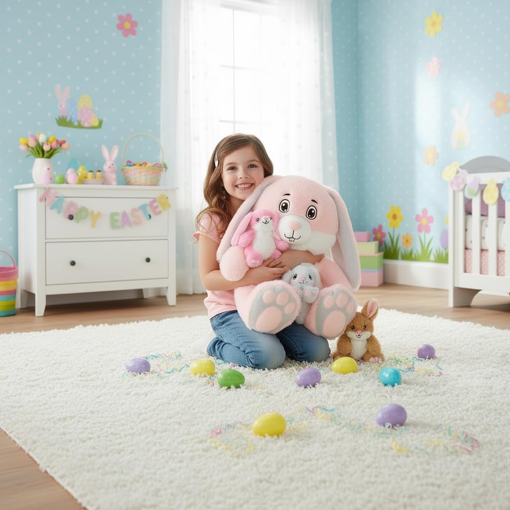 Bunny Stuffed Animal, 18" Mommy Pink Stuffed Bunny with 4 Babies Bunny Plush Rabbit Stuffed Animals Cute Plush Toy for Kids,Boys,Girls Surprise Bunny Plushie for Baby Shower Birthday Christmas