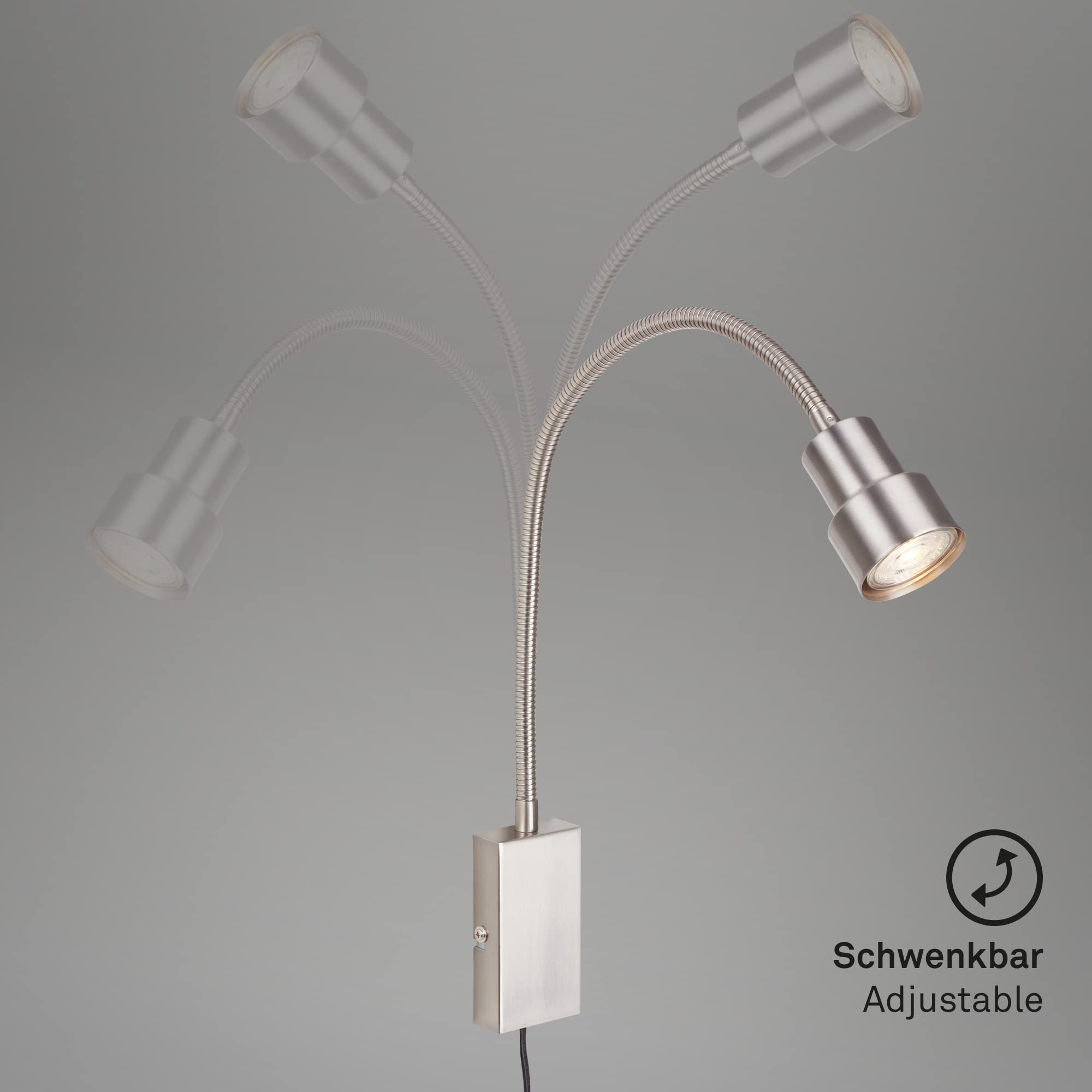 BRILONER Leuchten - Bettleuchte, Wandleuchte, Leselampe inkl. Flexarm, An-/Ausschalter via Touchfunktion, 1x LED/GU10, 5 Watt, 400 Lumen, 3.000 Kelvin, Metall, Matt-Nickel, 2085-012