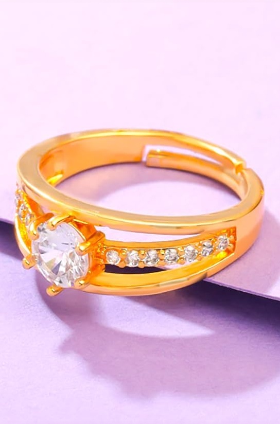 Rings for Women and Girls | Gold White Crystal Studded Adjustable Ring | Gold Plated Finger Rings | Birthday Gift for Girls and Women Anniversary Gift for Wife