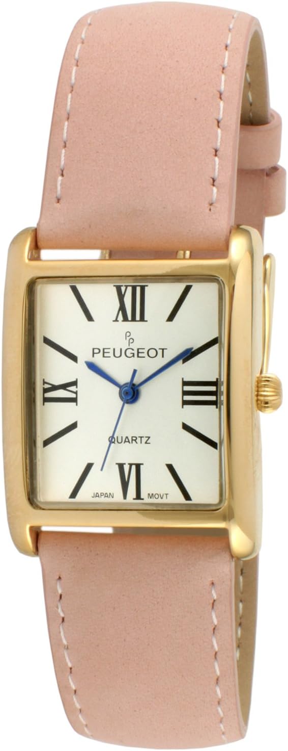 Peugeot Women's 14K Gold Plated Tank/Silver-Tone Tank Leather Dress Watch with Roman Numerals Dial