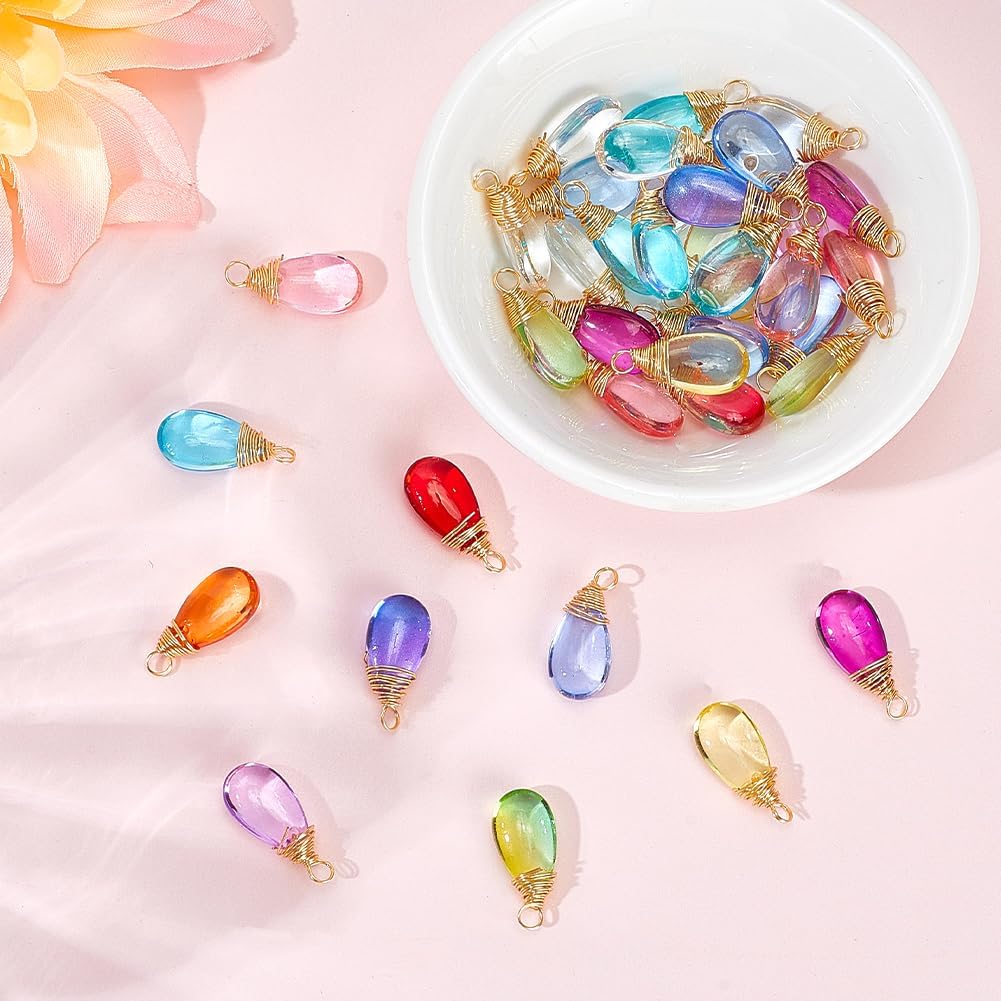 1 Box 50Pcs Teardrop Dangle Charms Colored Crystal Charms Assorted Glass Water Drop Random Smooth Brass Copper Wire Small Pendants Findings for DIY Necklaces Earrings Jewelry Making Crafts - Image 6