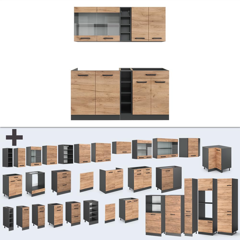 Vicco Cucina completa R-Line, Rovere dorato/antracite, 160 cm senza piano di lavoro, adatto per l'espansione individuale con moduli aggiuntivi