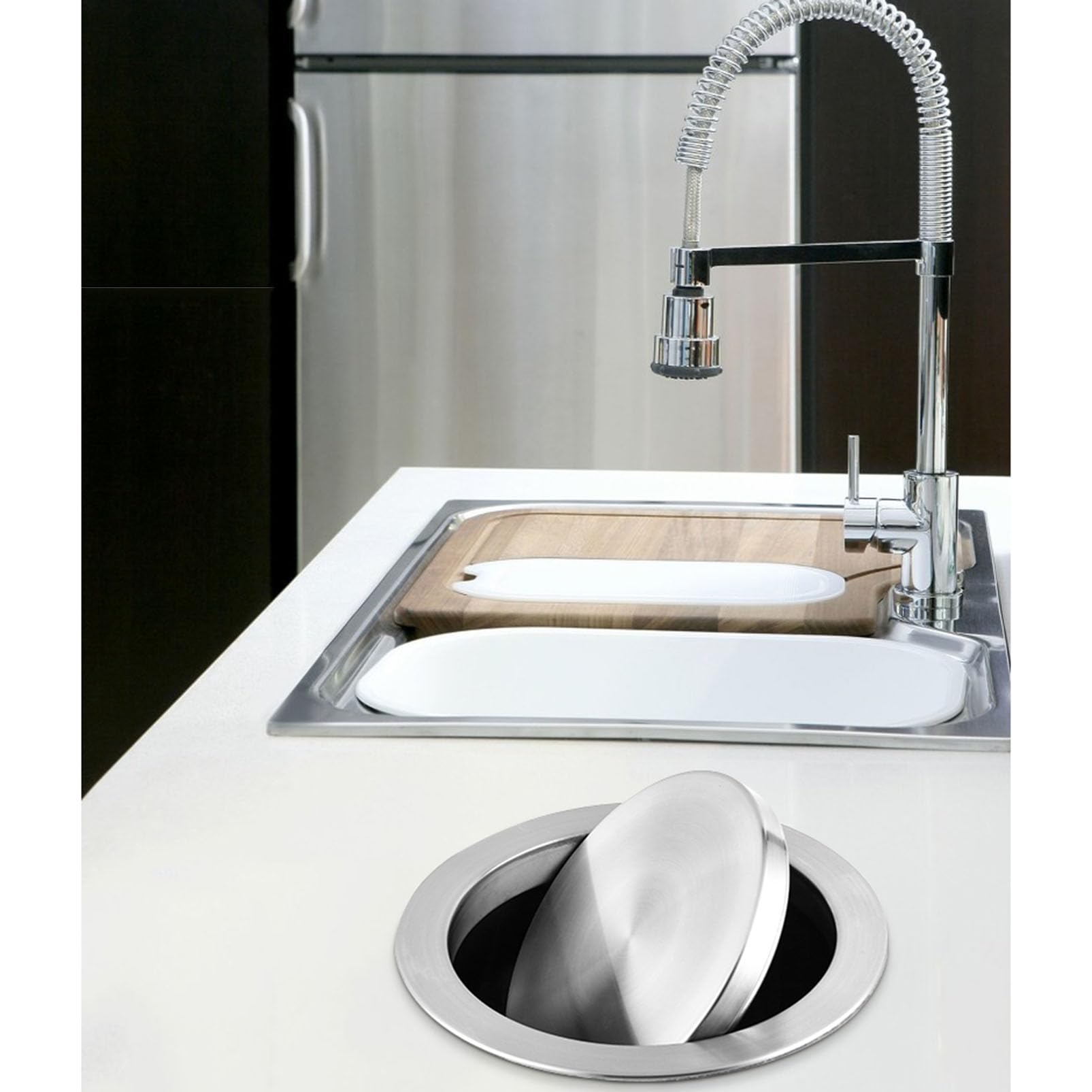 Tapa de cubo de basura integrada de acero inoxidable con solapa, tapa de cubo de basura de cocina para restaurantes, hogar, baño, y diseño elegante