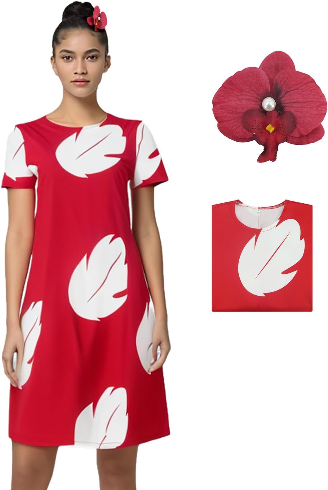 AYYOHON Lilo Costume Women Hawaiian Leaf Dress Adult Costume Red Short Sleeve Summer Party Casual Halloween Suit
