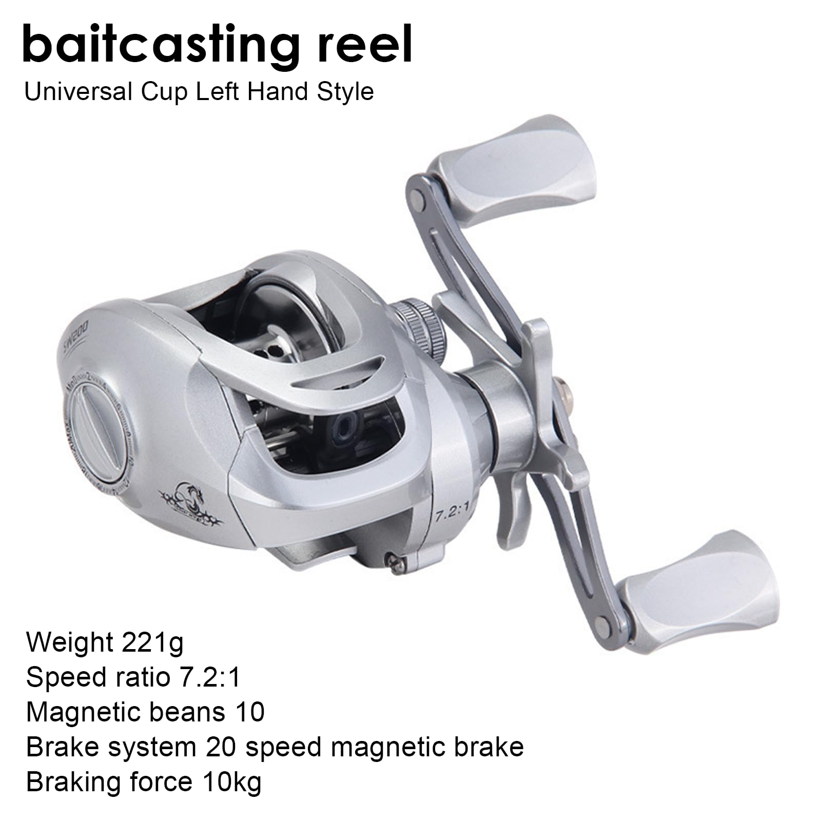 Moulinet Casting Baitcaster Léger Main Gauche 7.2:1, Moulinet de Pêche avec Frein Magnétique 20 Niveaux, Frein de 10 kg, Bobine en Aluminium, pour Pêche en Mer, Surfcasting et Eau Douce