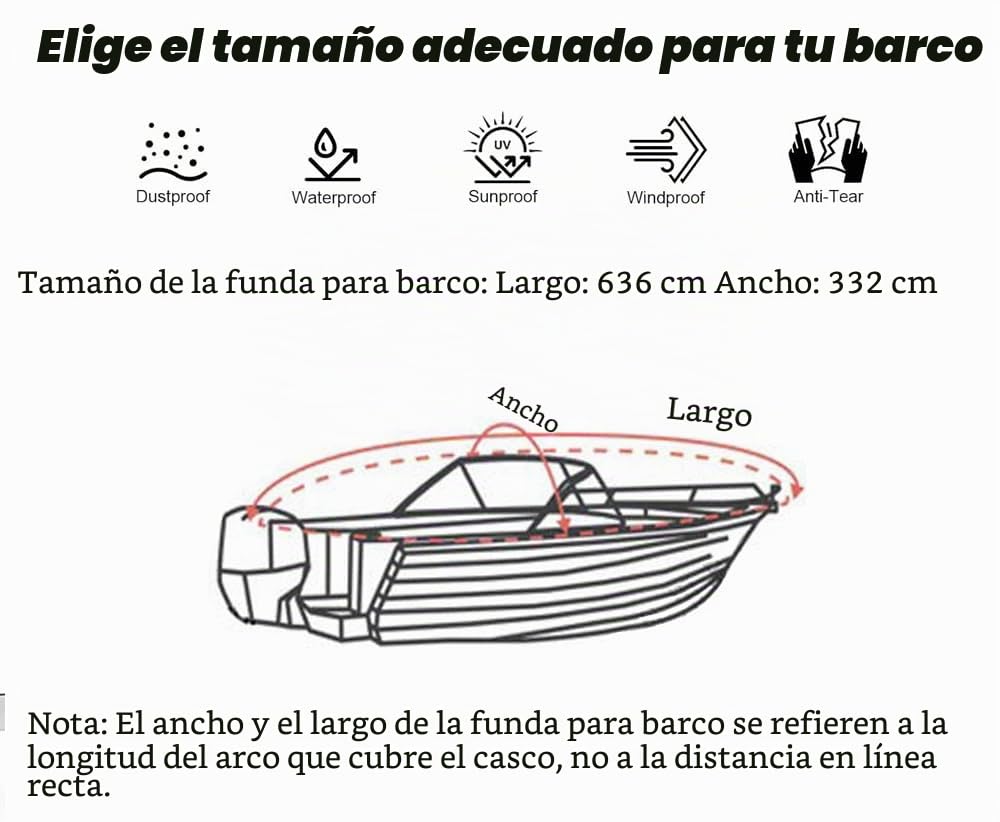Funda Impermeable para Barco, 6,3 x 3,3M, Resistente 600D Oxford, para embarcaciones con T-Top/Hard Top, Casco en V, Tri-Hull, Barcos de Pesca