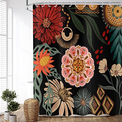 ASDCXZ Cortina de Ducha Boho Flores 180x240 cm, Retro Abstracto Arte Bohemia Flores Hojas Negro Lavables Cortina Baño Textil Impermeable Antimoho Cortina Ducha para Bañera con 12 Ganchos Cover