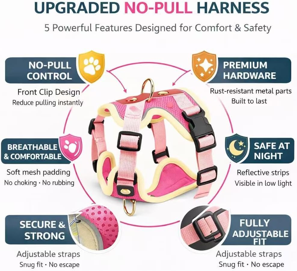 No Pull Dog Harness with Leash Set, Adjustable Padded Chest Vest with Front Clip, Escape-Resistant & Reflective, for Small Dogs (Sizes S–XL) Teal and Olive, M