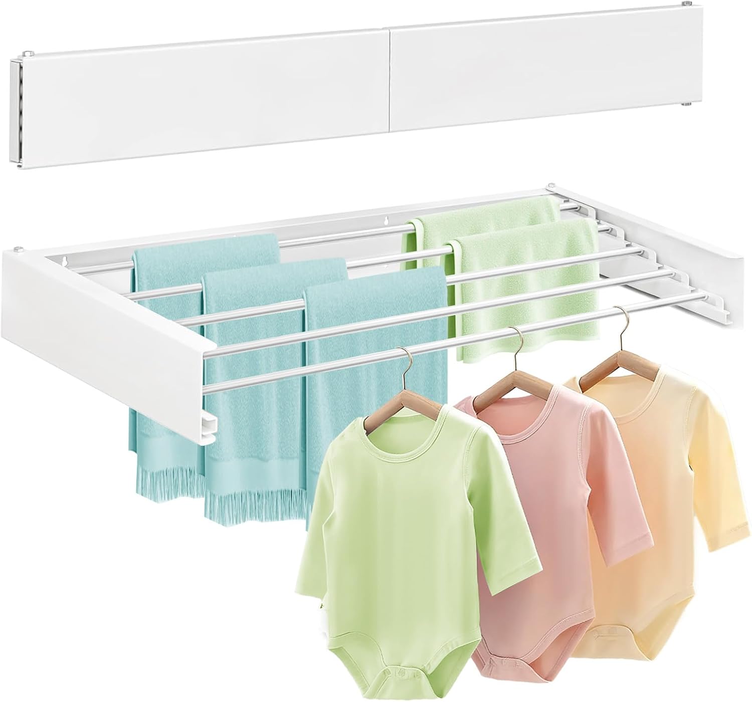 Wall Mounted Laundry Drying Rack, 31.5'' Collapsible Clothes Rack with 5 Rods, Heavy Duty Foldable Space Saving Laundry Drying Rack for Clothing & Towels