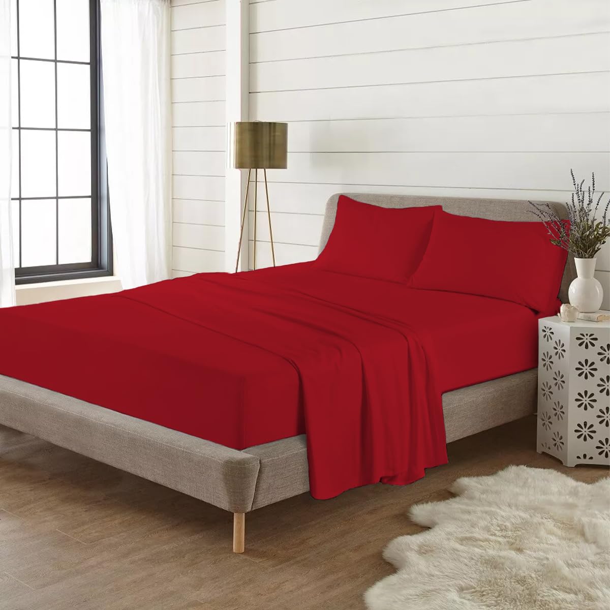 Rohi Super King Flannelette Fitted Sheets 10” Deep Fit– Soft & Breathable 100% Brushed Cotton Fitted Sheet – Deep Fitted Sheet - Stain & Wrinkle Resistant with Elasticated Corners (Red, Super King) — image 1