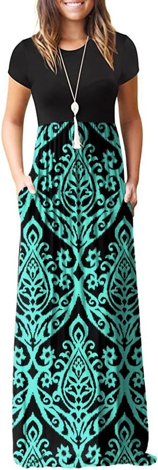 EUOVMY Women's Short Sleeve Loose Plain Maxi Dresses Casual Vacation Long Dresses with Pockets