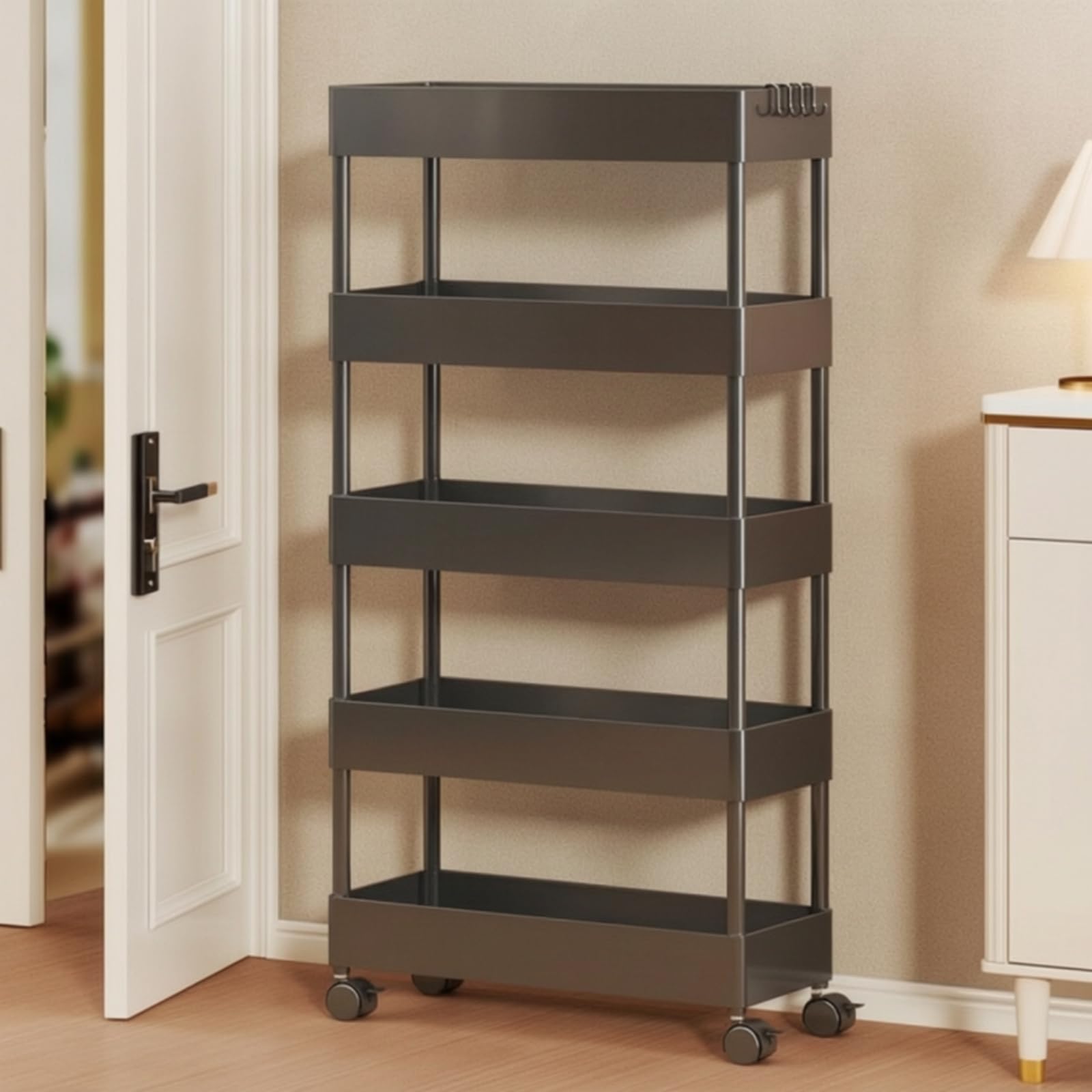Scaffale Portaoggetti Portatile Carrello Organizzatore Ripiani Scaffalatura Mobile Contenitore Verticale in Plastica con Binari Laterali per Borse E, Bianco, size to 6