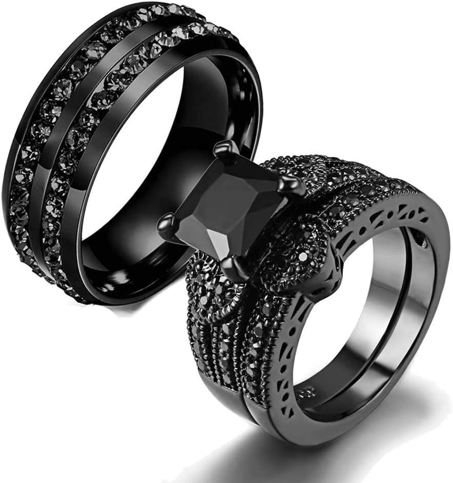Couple Ring His Hers Women Black Gold Filled Cz Men Stainless Steel Bridal Sets Wedding Band
