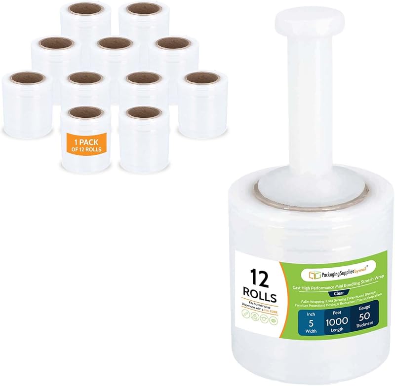 PSBM Mini película elástica/envoltura con mango de plástico 5" x 1000' 50 GA 12 rollos | Heavy Duty hasta 500% Stretch Clear Plastic Wrap Película retráctil de resistencia industrial para mudanzas, embalaje y envío