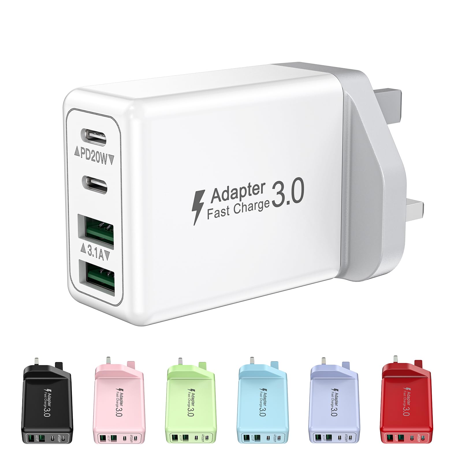 40W 4-Port USB Plug UK Fast Charger Dual PD Power Adapter +QC Multiport Wall Charge Head Mains Type C Fast Charging Plug for iPhone 17 16 15 14 13 12 11 Pro Max Plus, Samsung, iPad — view 11