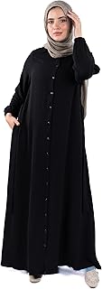 بينكي فستان عباية قطن للنساء، باكمام طويلة، تصميم ماكسي طويل من الامام قصير، رقبة غير متماثلة، مع حزام وجيوب