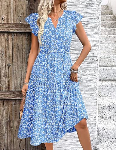 Image of ZEAGOO Womens Summer Casual Dresses Ruffle Sleeve V Neck Midi Dress Flowy Tiered Dress with Pockets Boho Sundresses