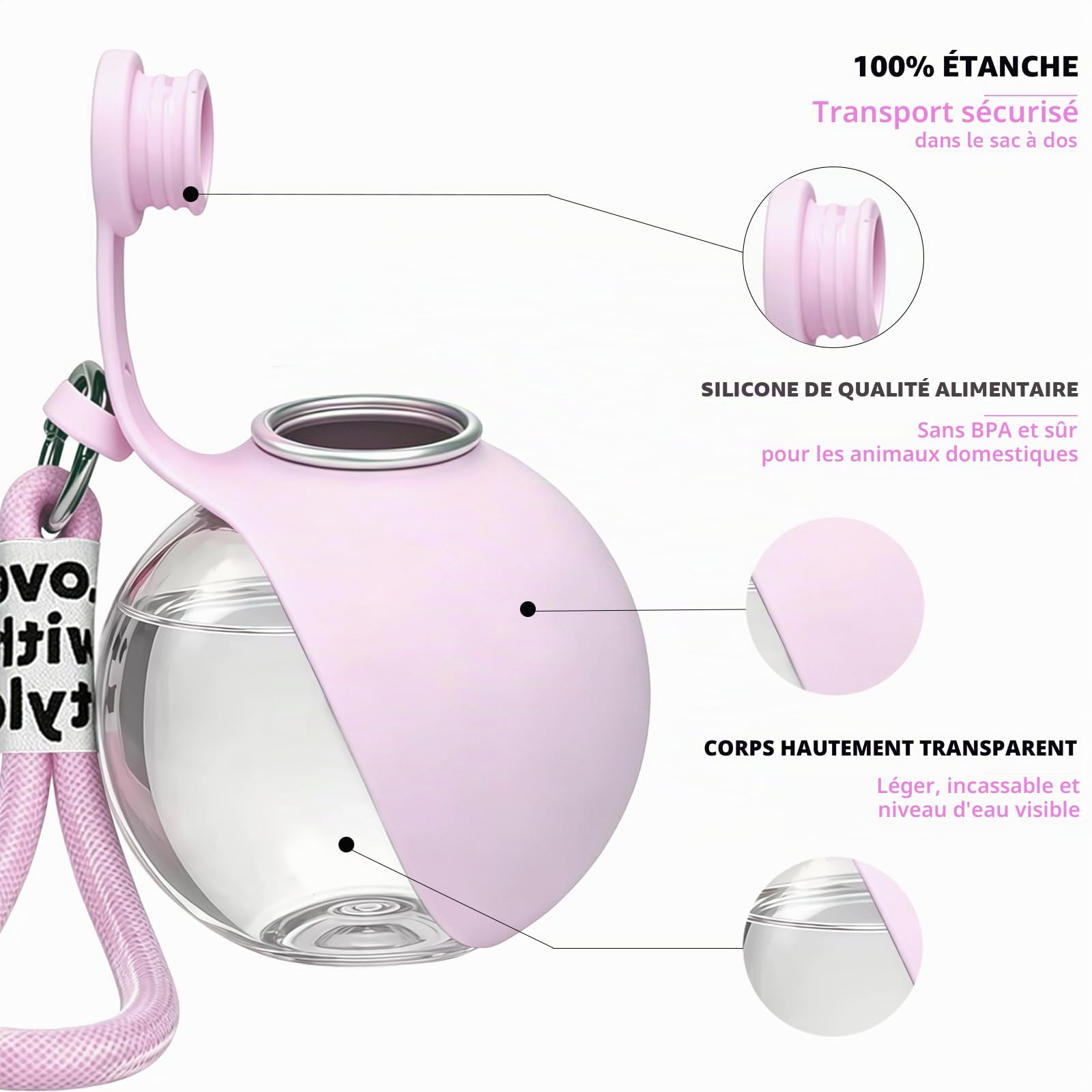 Gourde pour chien en déplacement, 285 ml, avec gamelle en silicone pliable, design anti-fuite, récipient transparent, légère, randonnée, voyage, sans BPA, rose