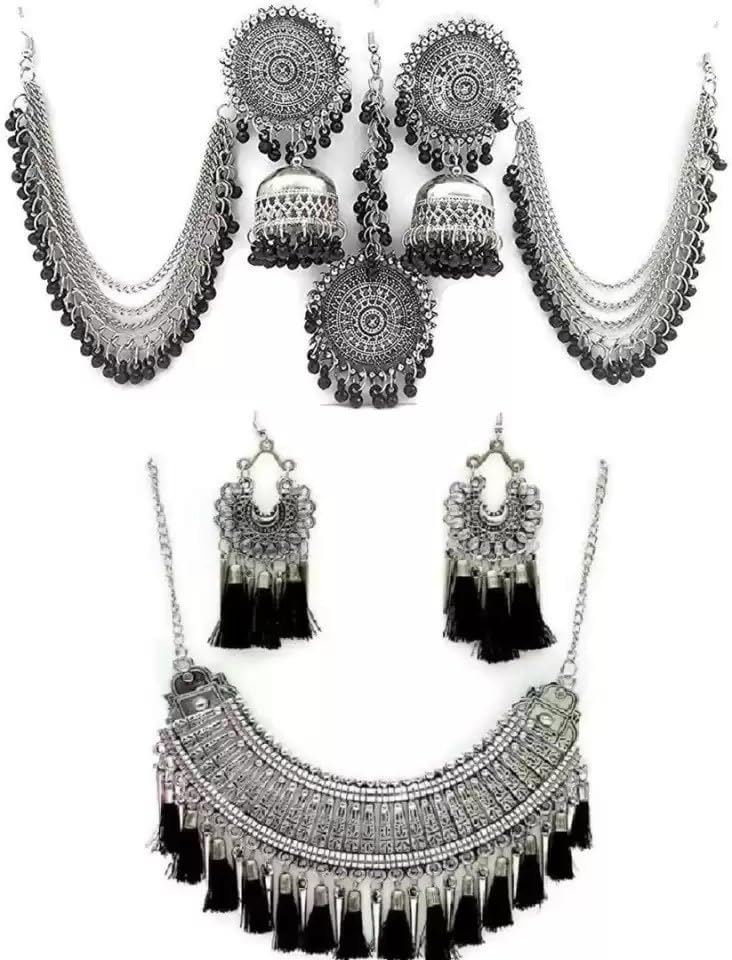 COSMO DUST Fashion Latest Antique Design Stylish Traditional Alloy Necklace, Earring & Maang Tikka Jewellery Set for Women - Black (B0CB3B6BGT) Amazon Price History, Amazon Price Tracker
