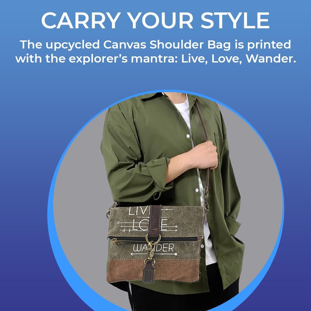 SAGEFINDS Live Love Wander Upcycled Canvas Crossbody Bag | Earth Friendly Materials | Shoulder Purse | Small Clutch | Fold-Over Zip Top | 22” Detachable Strap - Image 3