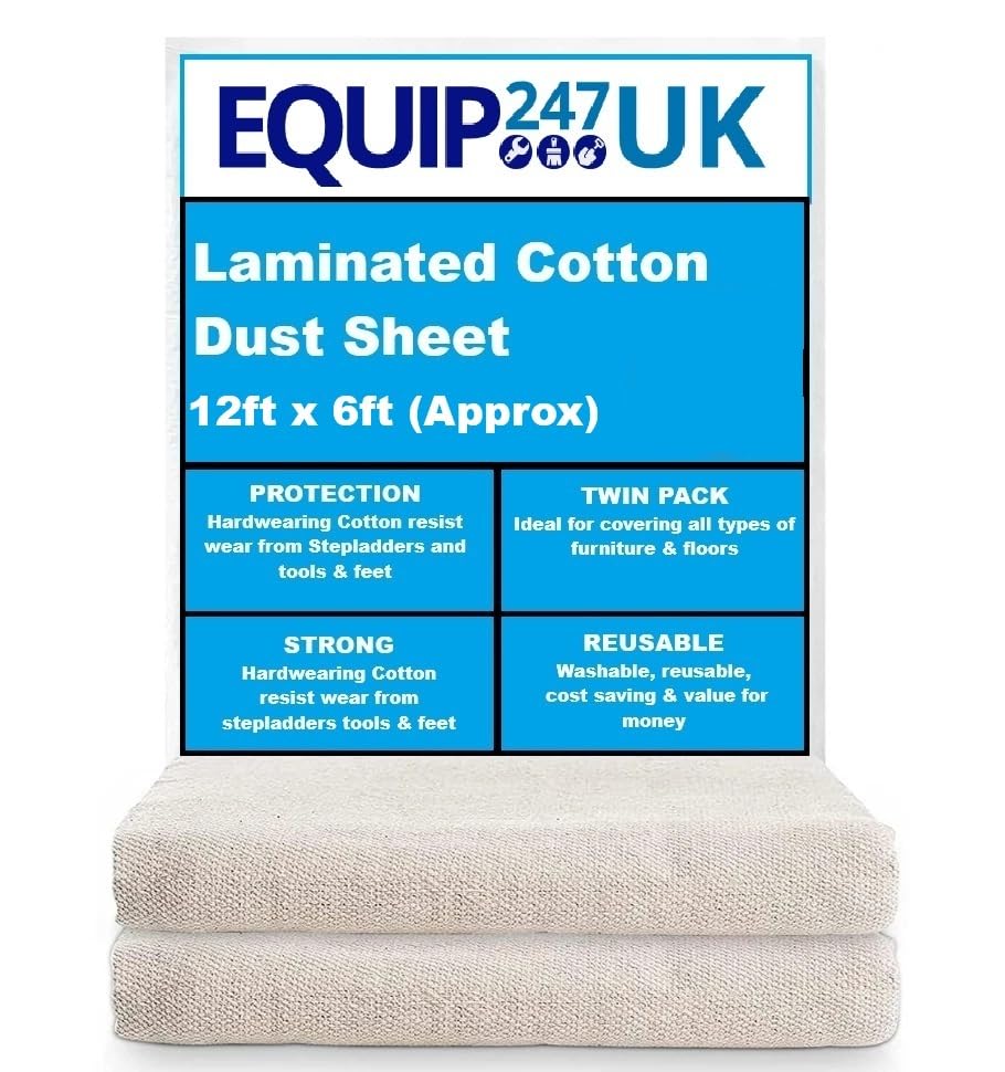 Laminated Cotton Dust Sheets for Decorating & Painting, 12ft x 6ft, Plastic Polythene Backing (1), Cream