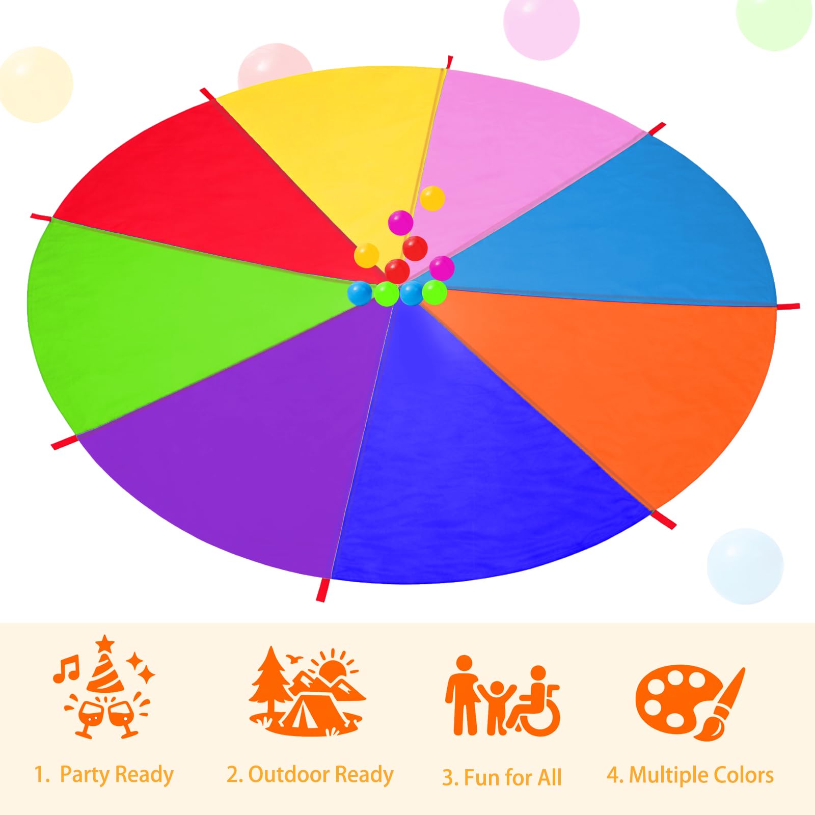 Paracadute Bambini,3,6 m Paracadute Ludico Arcobaleno con 8 Maniglie e 10 Palle,Giochi All'aperto Lezioni Di Sport E Feste Di Compleanno Per Bambini