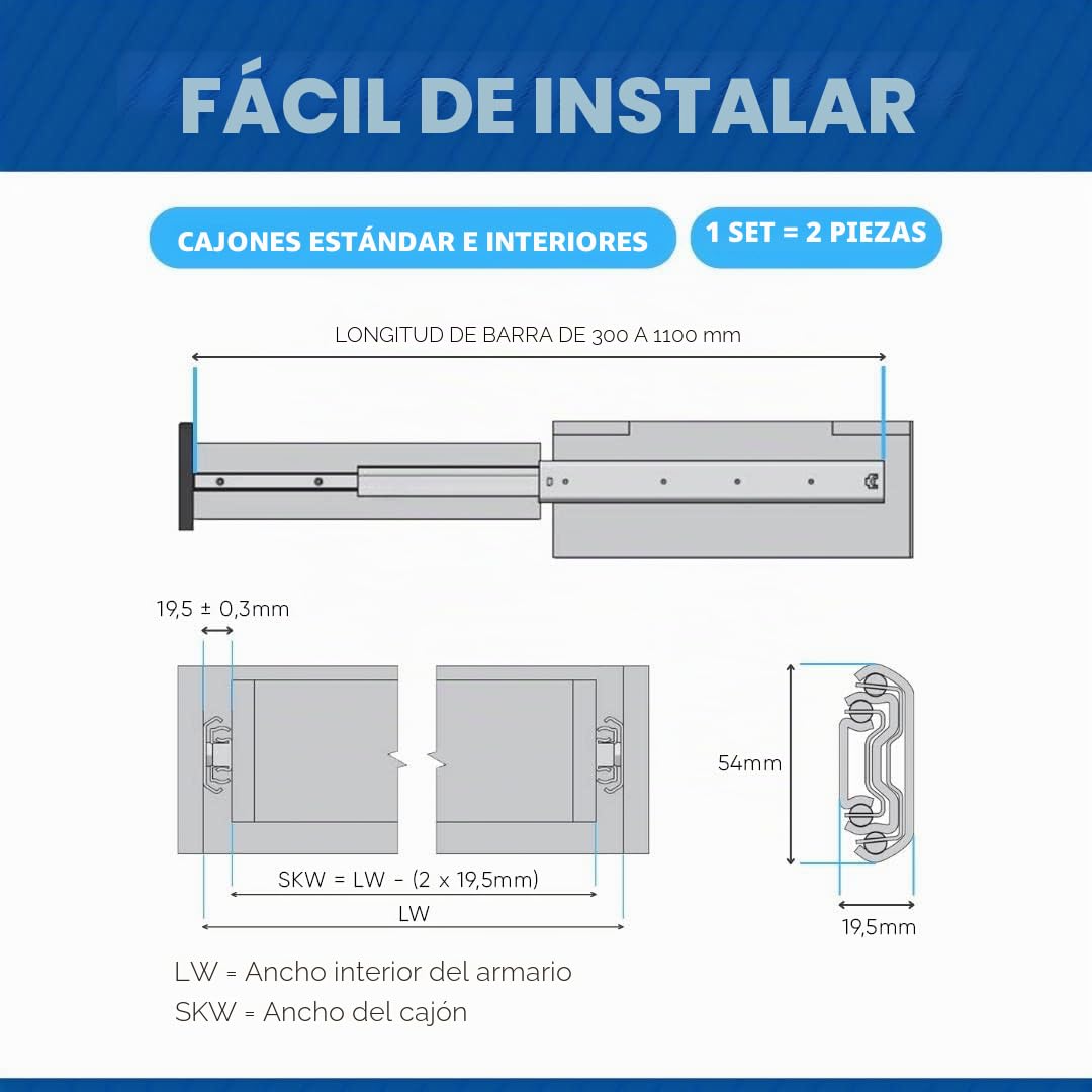 GTV - Set de Guias Correderas para Cajones de Extracción Total 53.9 x 700 mm, Acero Galvanizado de 2 mm, Correderas Telescopicas, Rieles Cajones Soporta hasta 100 kg, Rieles para Cajones - 4 Piezas