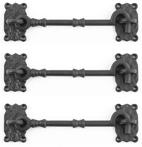 Renovators Supply Manufacturing Cerradura de puerta de 7.3 pulgadas, gancho de hierro forjado negro y pestillo para puerta con accesorios de