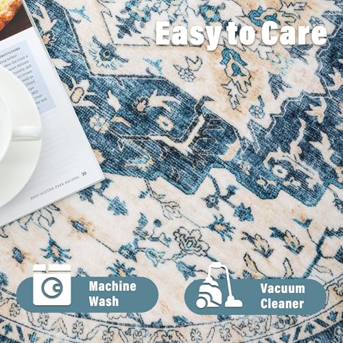 Image of Carvapet Vintage 24 inch /61 cm Small Round Rugs Non-Slip Washable Circle Rug with Rubber Backing Foldable Low Pile Design for Living Room Bedroom, 2ft Dark Blue Mini Rug