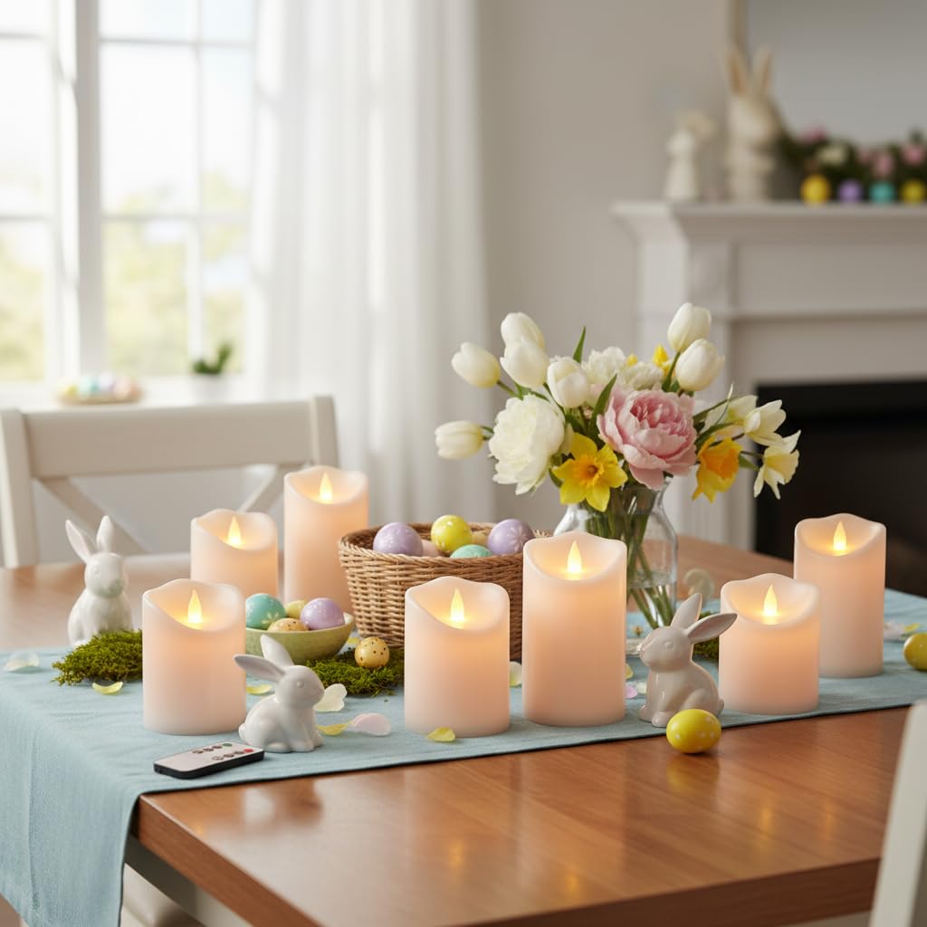 Velas sin llama de 10 cm, 12,7 cm y 15,2 cm, pilares parpadeantes para interiores y exteriores, funcionan con pilas, incluye temporizador remoto de 10 teclas, más de 400 horas por 2 pilas AA (vela