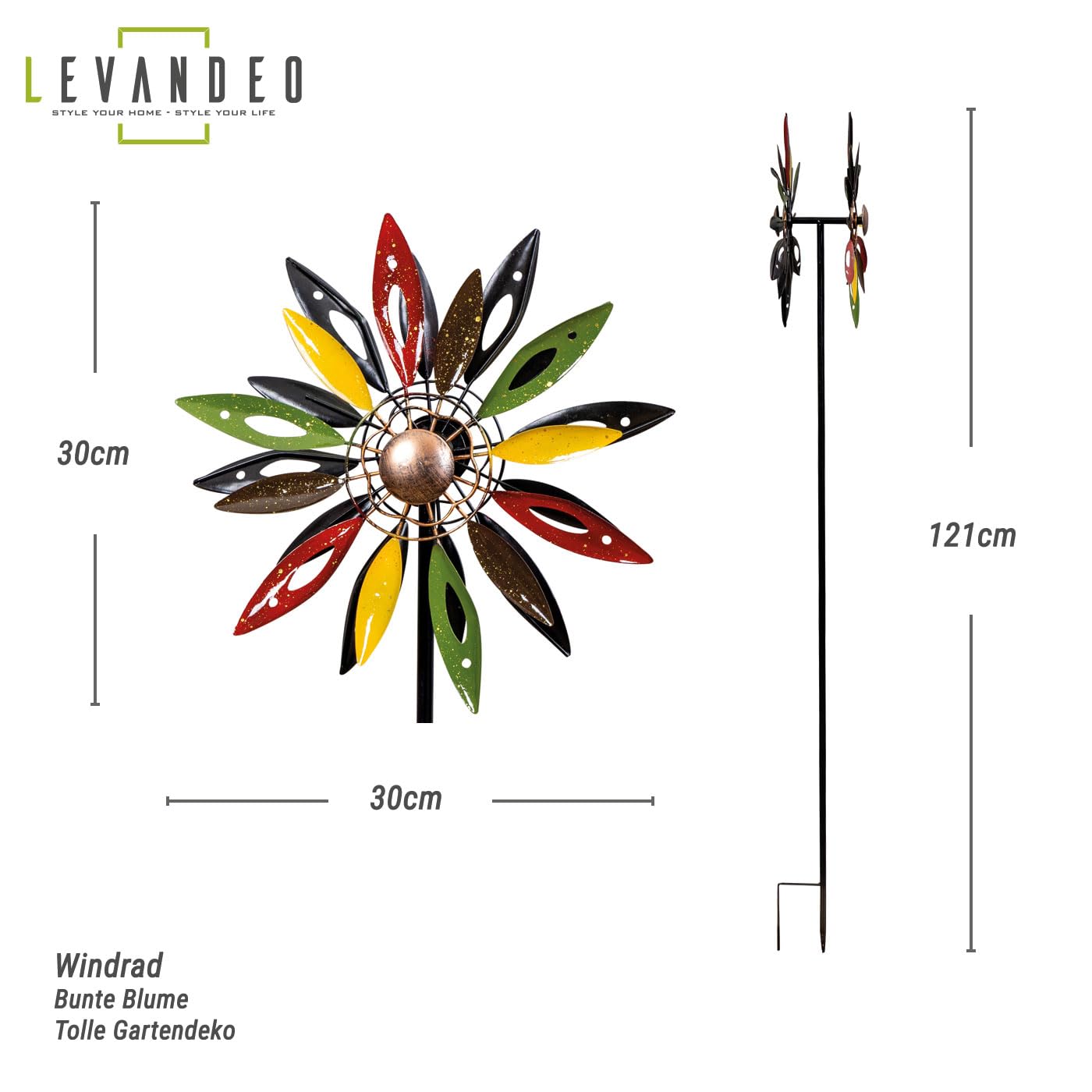 Gartenstecker Metall Windrad H120cm Blume Bunt Gartendeko Windmühle Windspiel Garten Metallstecker Blumenstecker Metallblume