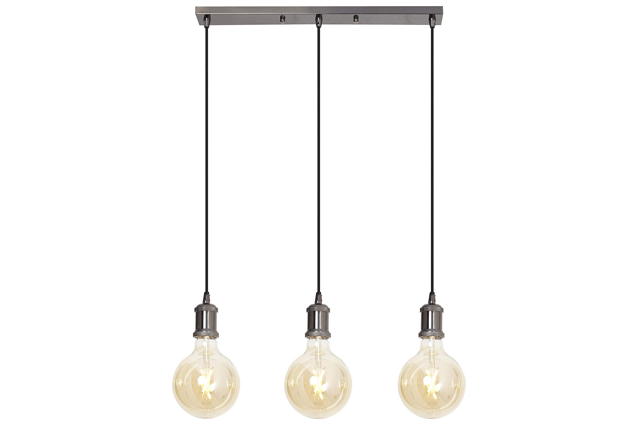 4lite Indoor Vintage 3 Light Bar Pendant Ceiling Light (Blackened Silver) Pendant Light with 1.5m Adjustable Cable & 3X 640lm E27 G125 LED Smart Amber Coated Filament Bulb- 4L1/7017-4Yr Guarantee