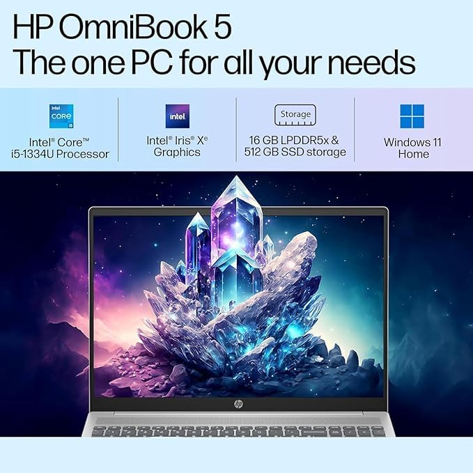 Image of HP OmniBook 5 (Previously Pavilion),13th Gen Intel Core i5 1334U (16GB LPDDR5X,512GB SSD) 2K, WUXGA,IPS,300 nits,16'' /40.6cm Touchscreen, Win11, M365, Office24, Silver,1.79kg,ba1789TU,IR Camera Laptop