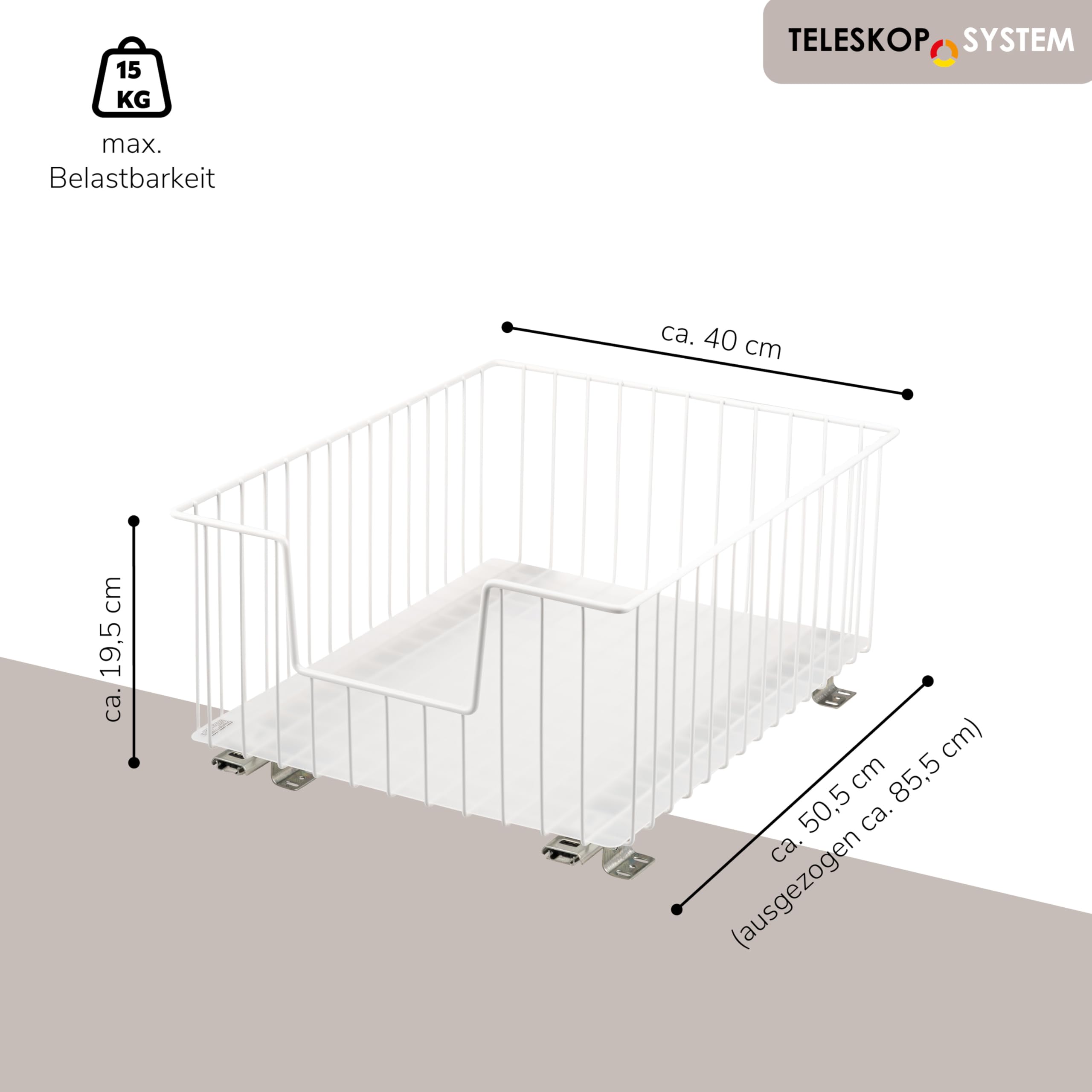 bremermann Schrank-Korbauszug 40 cm Breite mit Einlegeboden, Küchenschublade zum Nachrüsten, Vollauszug mit Teleskop-Schienen, ideal für Küche, Bad & Schlafzimmer, aus Metall (Weiß)