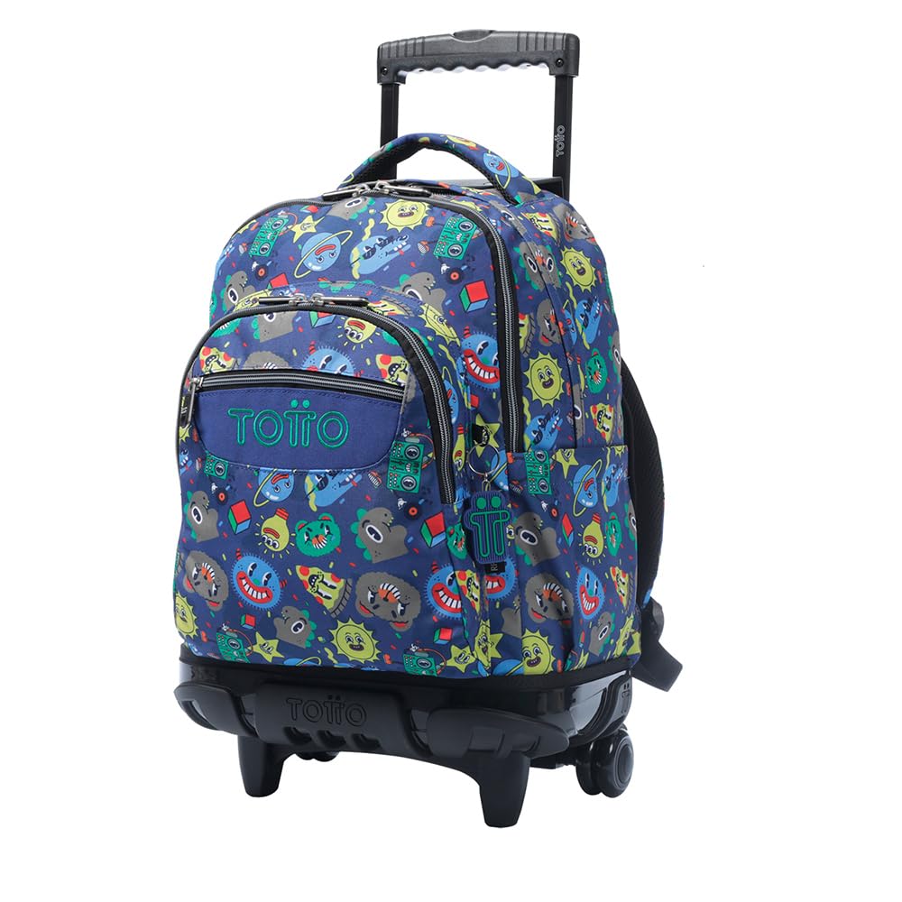 TOTTO Mochila Escolar con Ruedas, Modelo Renglones, Capacidad 26,21 Litros, Bolsillo para PC 14" y Bolsillo para Botella, Correas en S para Mayor Comodidad, Resistente, Estampado Tello