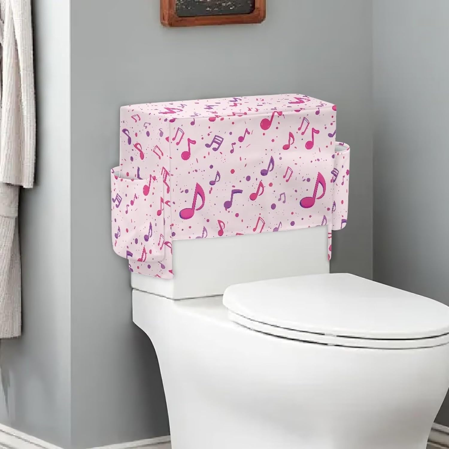 Music Note Pattern Toilet Tank Cover with 2 Storage Bags Portable Fabric Protector for A Lid Toilet Tank, Dustproof Bathroom Decor Accessories image 4