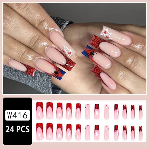 Miniatura 2 de Uñas largas cuadradas de Halloween a presión con bonito diseño de telaraña fantasma, uñas postizas de Halloween, color naranja brillante, punta