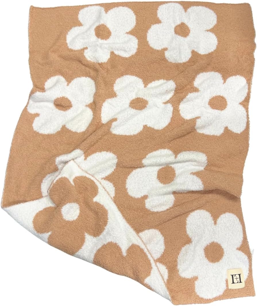 L+L USA Retro Daisy Flower Baby Blanket 28"x40" - DreamSoft Throw for Crib, Stroller or Car Seat - Soft Blanket/Newborn Nursery Gift Essential for Toddler, Infant, Kids, Boys & Girls (Cafe/White)