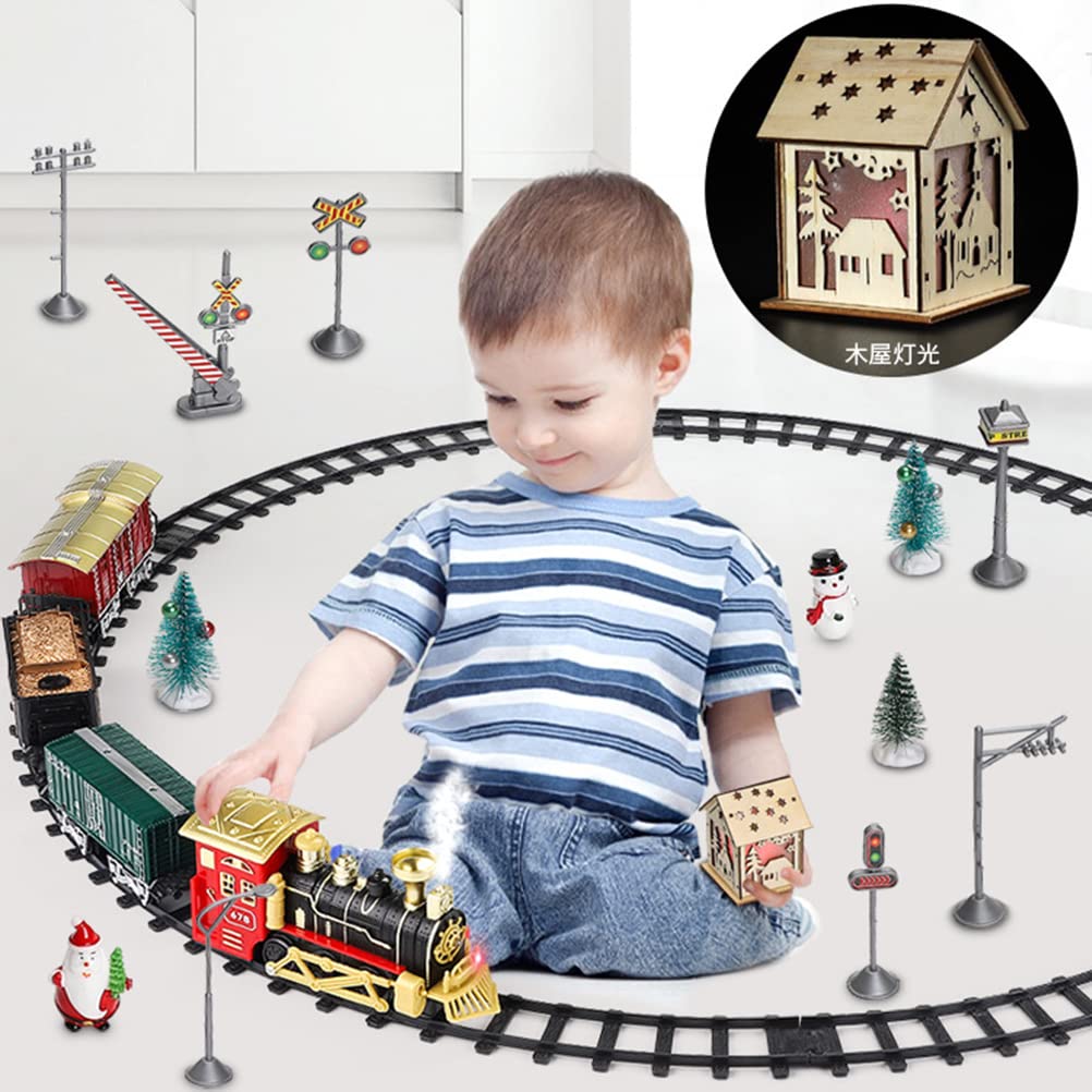 Juego de árbol de tren de Navidad con luces y sonido, juego de tren para debajo del árbol de Navidad, locomotora de vapor eléctrica, funciona con pilas, juego de pista como regalo de fiesta