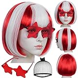 ANOGOL Hair Cap + (Sunglasses) Red White Bob Wig with Bangs Womens Red White Party Wigs with Sunglasses Short Neon Wig Fun Wigs Halloween Costume Bachelorette Hair Sports Event Christmas