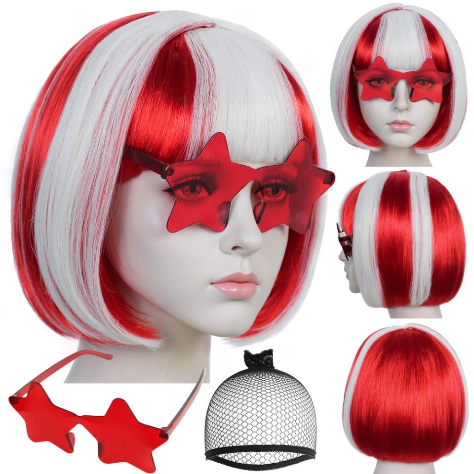 Image of ANOGOL Hair Cap + (Sunglasses) Red White Bob Wig with Bangs Womens Red White Party Wigs with Sunglasses Short Neon Wig Fun Wigs Halloween Costume Bachelorette Hair Sports Event Christmas