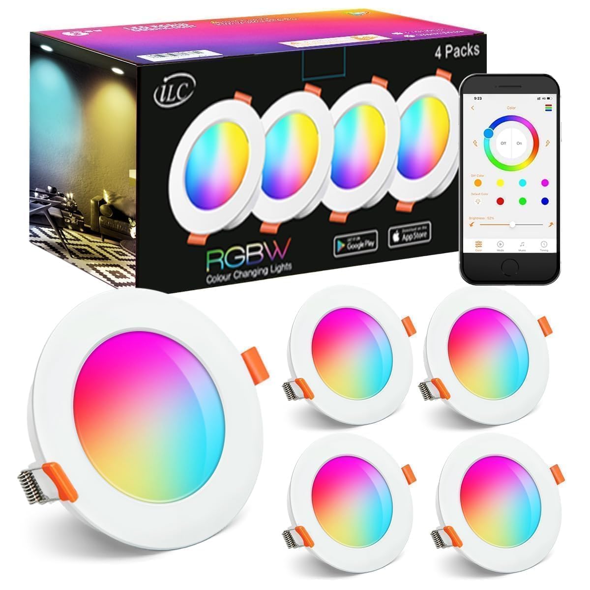 iLC Recessed LED Ceiling Spotlight 8W, Work with Alexa (Echo Device Required), F68-85mm Cutting, 2700K - 6000K + RGB Color Changing, App Controlled Downlight (4 Units)
