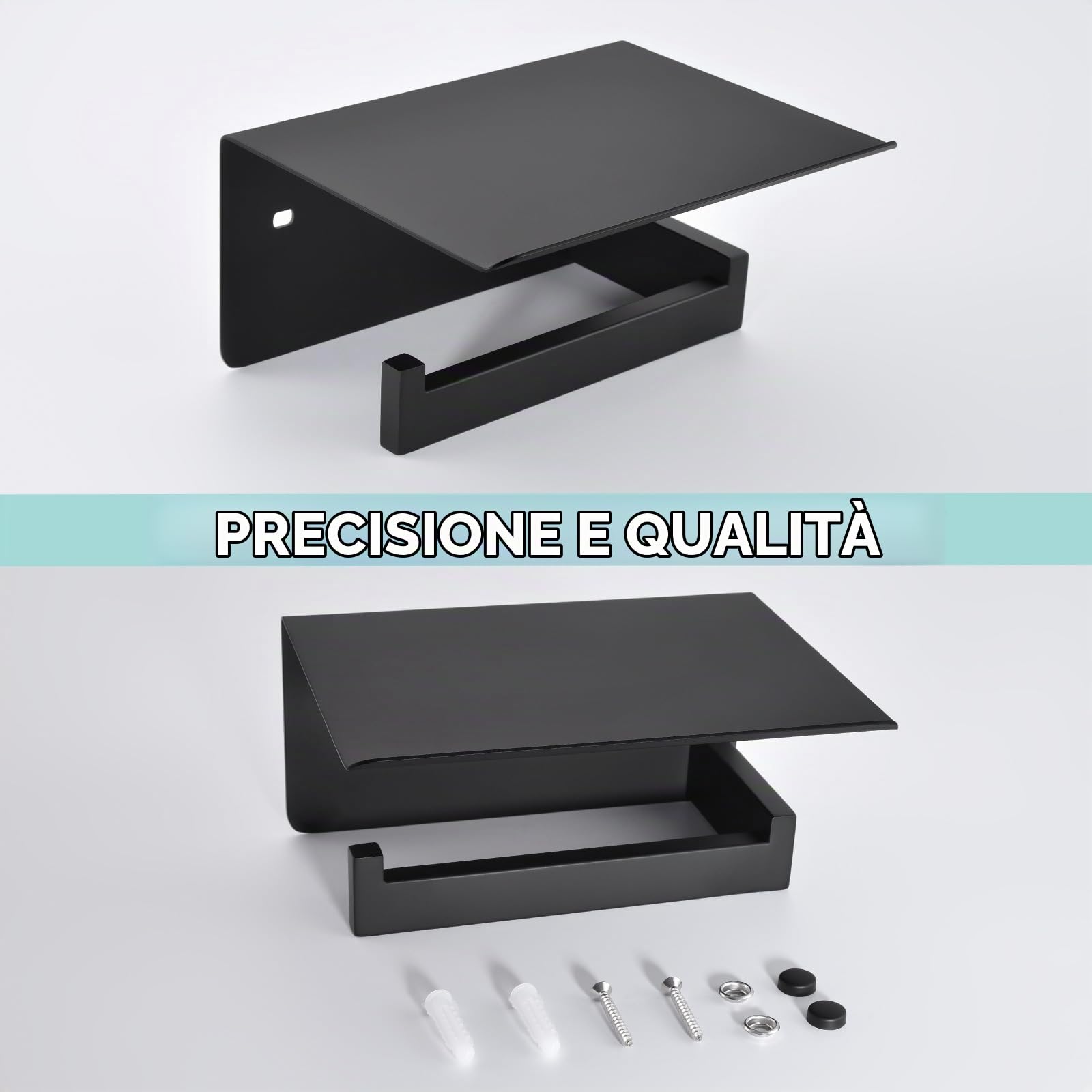 APLusee Porta carta igienica nero opaco con mensola, lato sinistro, in acciaio inox 304, montaggio a parete