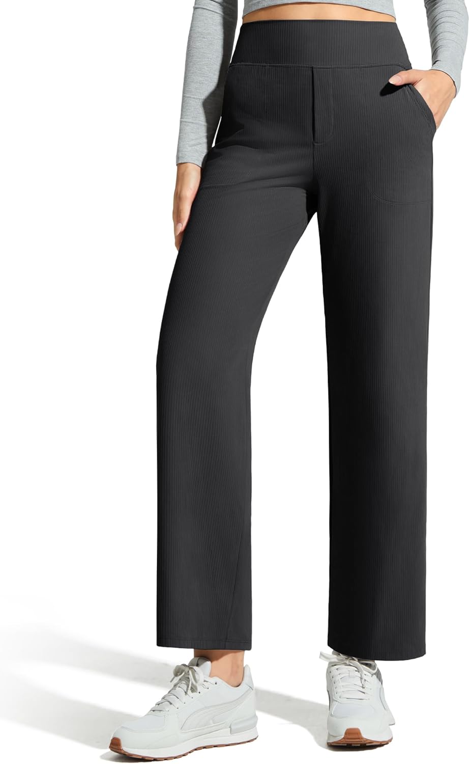 G4Free Ribbed Ankle Pants for Women 7/8 Length Wide Leg Yoga Pants with Pockets Casual Travel