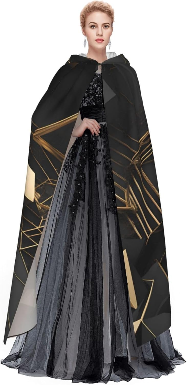 Unisex Full Length Hooded Halloween Christmas Party Robe Cloak Cape Cosplay Costume Men Women Black and Gold Plaid Prints
