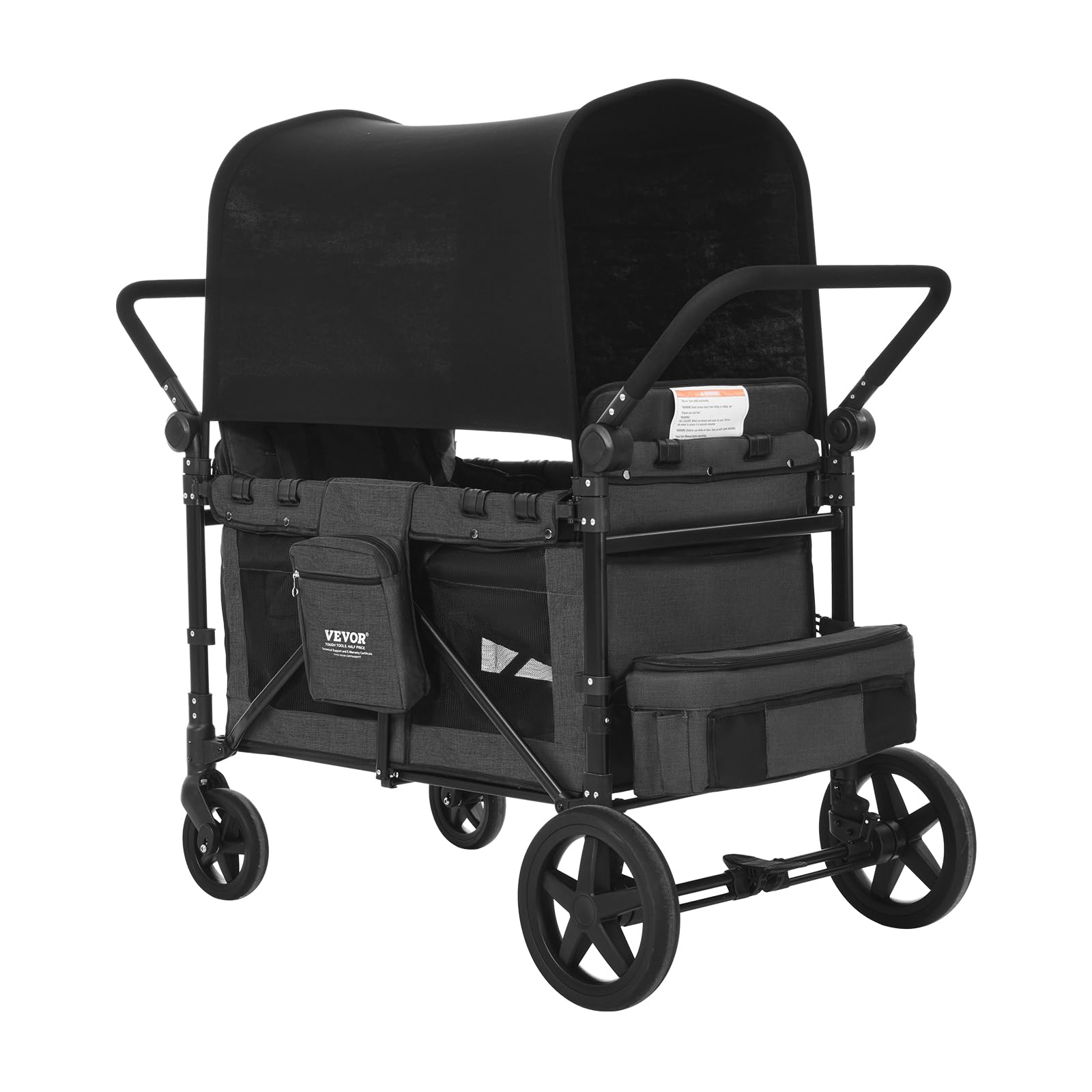 VEVOR Passeggino a Quattro Posti per 4 Bambini, Pieghevole con Maniglia Regolabile, Imbracatura di Sicurezza Tettuccio Rimovibile, Passeggino Comodo, Grigio Scuro e Nero, Carico 150 kg