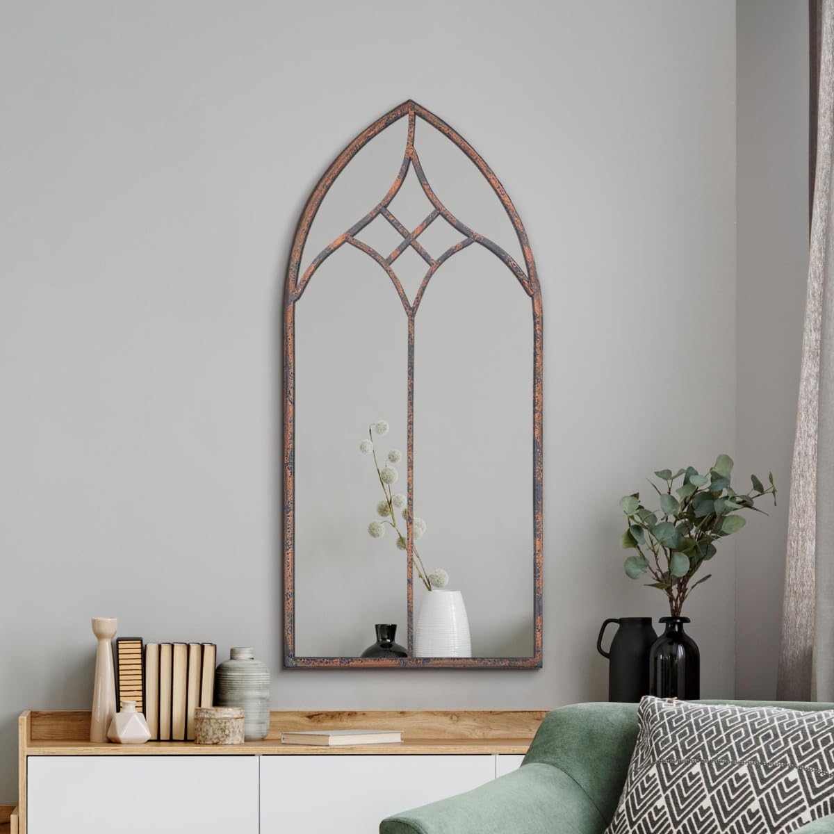 MirrorOutlet The Kirkby - Rustic Metal Framed Gothic Arched Wall Mirror 40" X 20" (100CM X 49CM) Glass Mirror with Black All weather Backing, Bronze