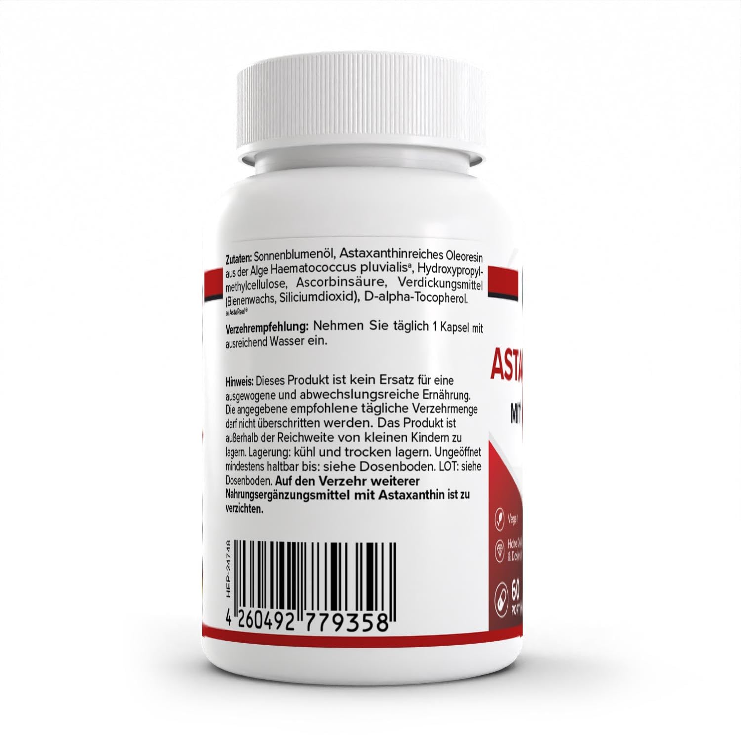Health+ Astaxanthin - 60 Kapseln mit 4 mg des Markenrohstoffs AstaPure, veganes Antioxidans aus der Alge, Made in Germany