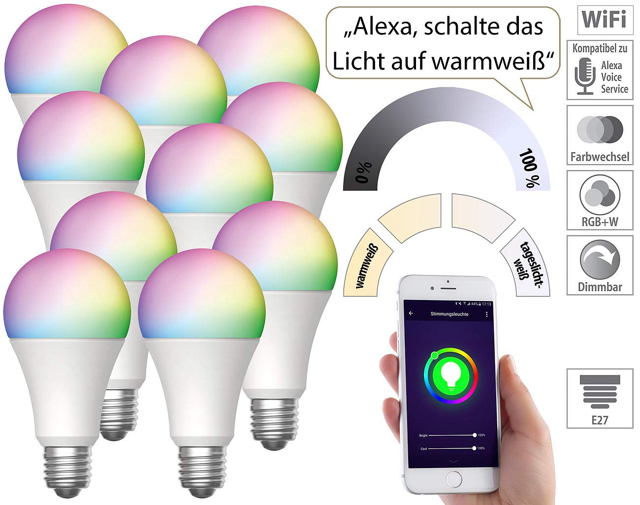 Luminea Home Control WLAN-LED-Lampe E27 RGBW: 10er-Set WLAN-LED-Lampen, E27, RGB-CCT, 9W (ersetzt 75W), F, 80lm, App (WLAN Leuchtmittel, WLAN-Birne)